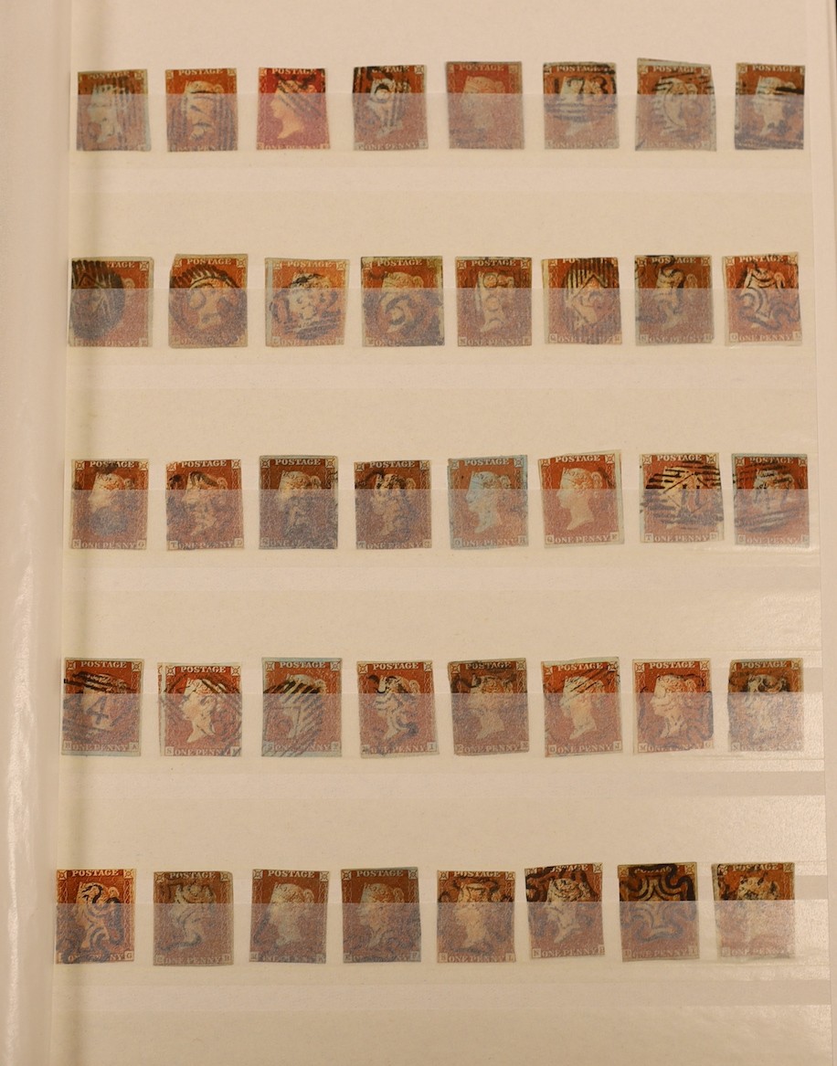 Great Britain stamps in stock book with 1840 1d black and 1841 2d blue unused. 1841 1d red brown mint block of 8, 1864-79 1d red plates in mint blocks including plate 79 block of 48, plate 170 block of 6 with marginal in